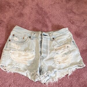 Levi 501 Distressed Light Blue Denim Shorts